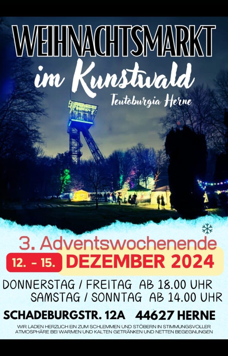 Mehr über den Artikel erfahren Weihnachtsmarkt im Kunstwald Teutoburgia Herne am Freitag 13.12. – Sonntag 15.12.2024